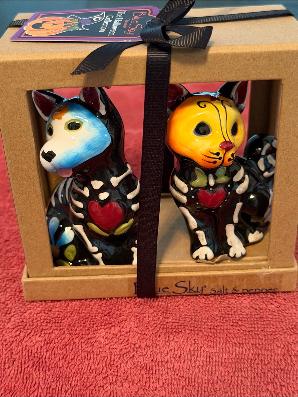 Blue Sky Black Multicolor Day of the Dead Dog & Cat Salt and Pepper Set